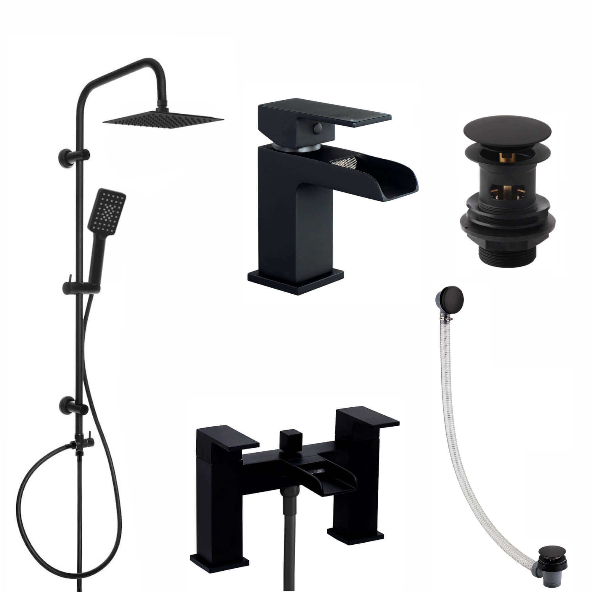 Buy Plaza bundle incl. bath shower mixer tap with dual riser rail, basin mixer, bath and basin wastes - matt black Online UK | HOUSE OF ENKI